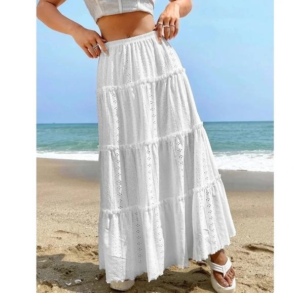 Eyelet Embroidery Ruffle Hem Skirt